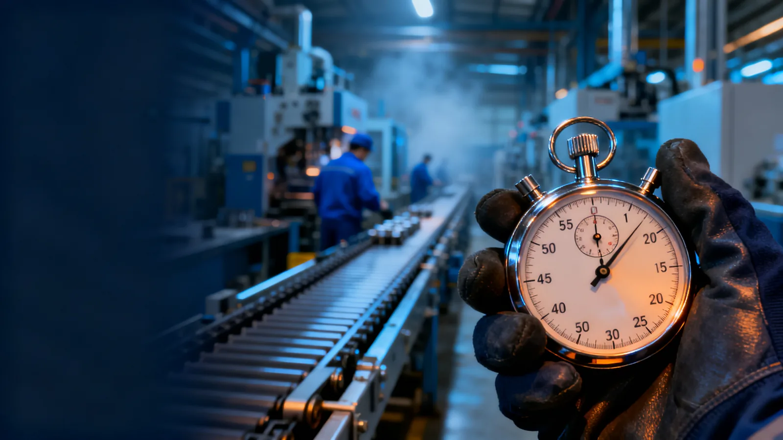 Mão com luva segurando um cronômetro analógico diante de uma linha de produção